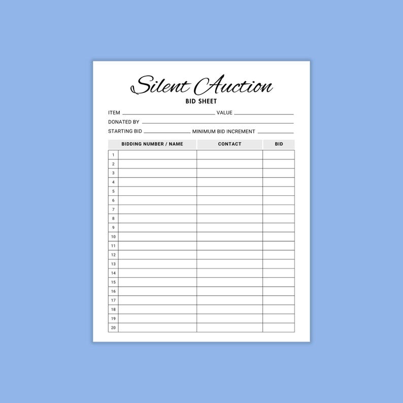 Editable Silent Auction Bid Sheet. Silent Auction Sign up Sheet ...