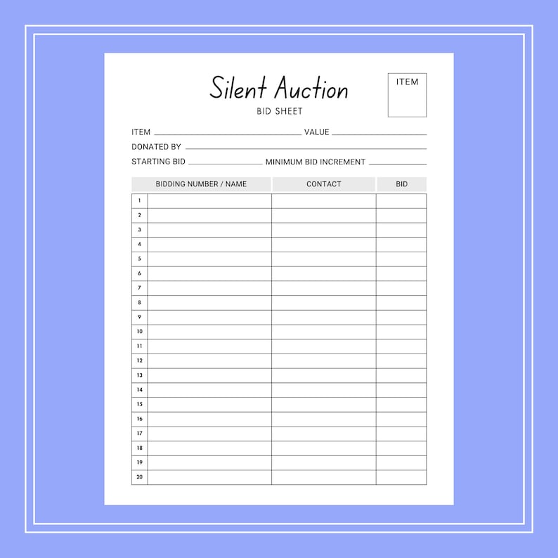 Editable Silent Auction Bid Sheet, Silent Auction Bid Sheet Template Editable Silent Auction Bid Sheet, Silent Auction Bid Sheet Template