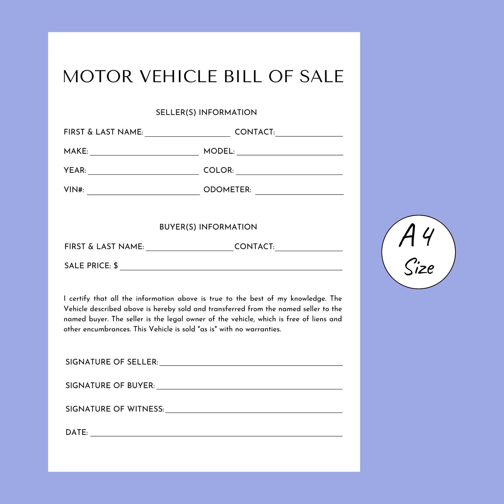 Motor Vehicle Bill of Sale. Blank Auto Bill of Sale, Motor Vehicle Bill