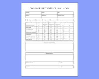 May include: A white employee performance evaluation form with the title "EMPLOYEE PERFORMANCE EVALUATION" at the top. The form includes sections for employee information, performance measurements, and feedback.