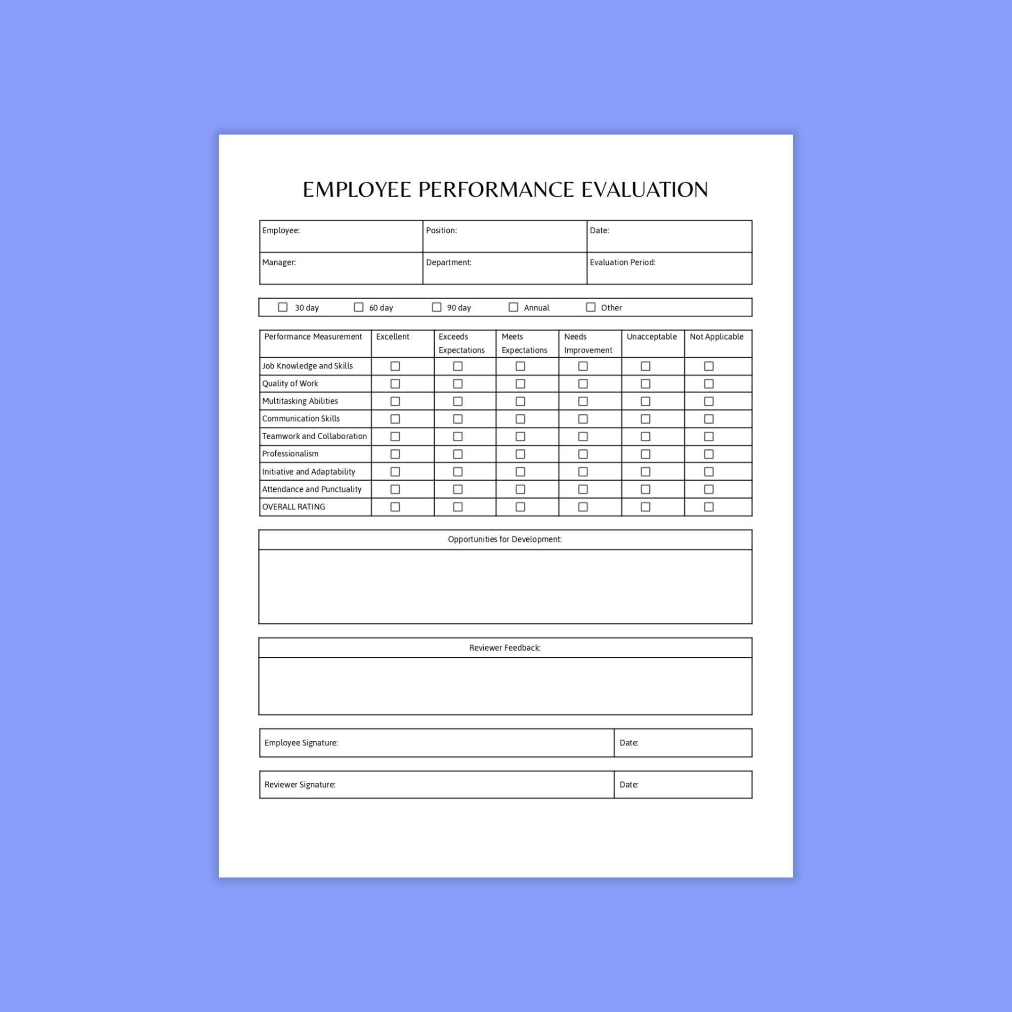 Employee Performance Evaluation Template, Job Performance Review ...