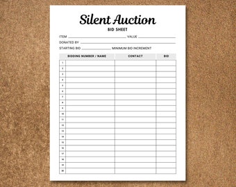Editable Silent Auction Bid Sheet, Printable Silent Auction Sign Up Sheet, Silent Auction Bid Form, Printable Auction Bidding Sheet