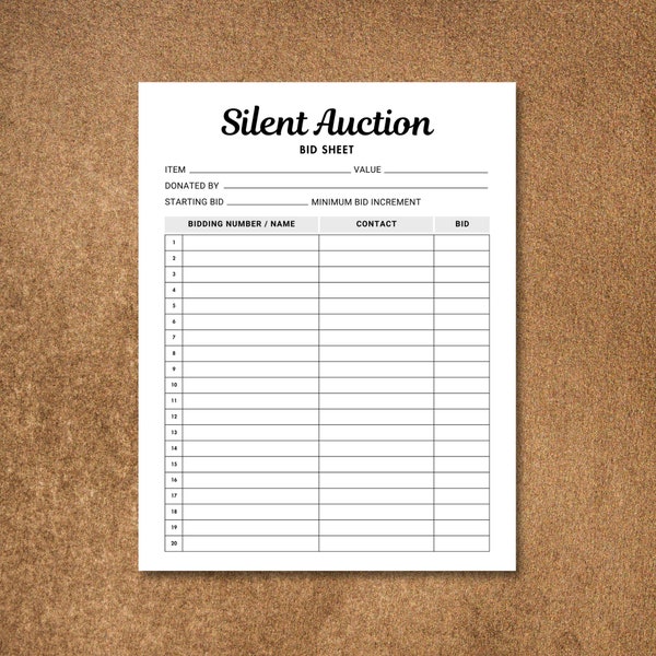 Editable Silent Auction Bid Sheet, Printable Silent Auction Sign Up Sheet, Silent Auction Bid Form, Printable Auction Bidding Sheet