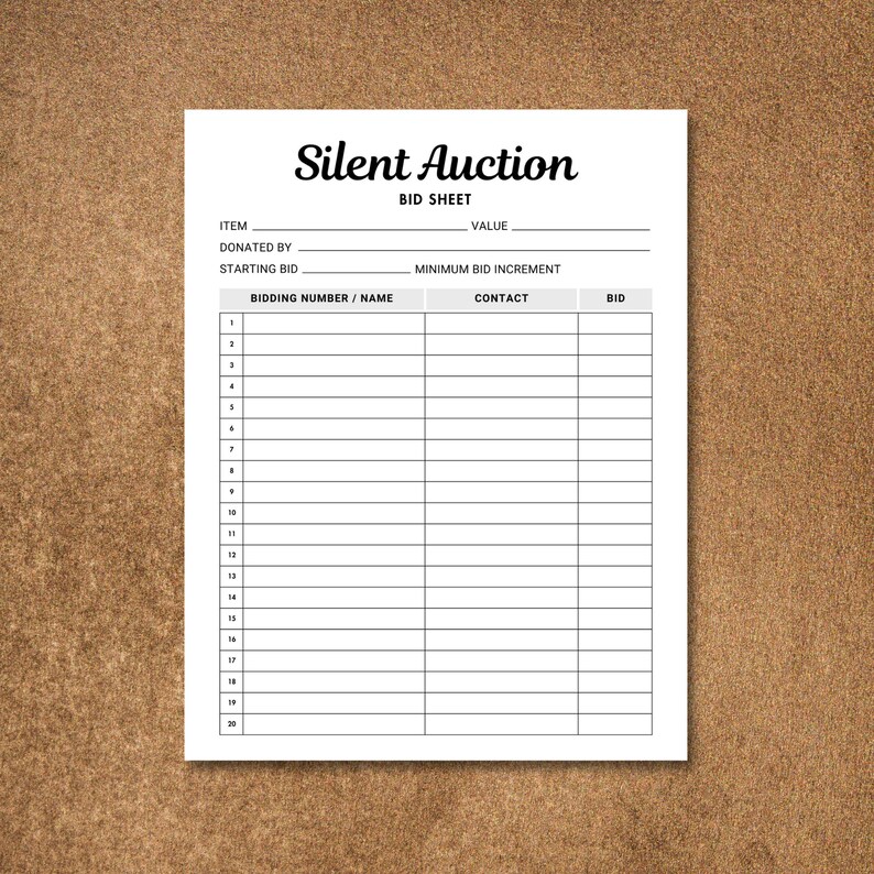 Editable Silent Auction Bid Sheet, Printable Silent Auction Sign up ...
