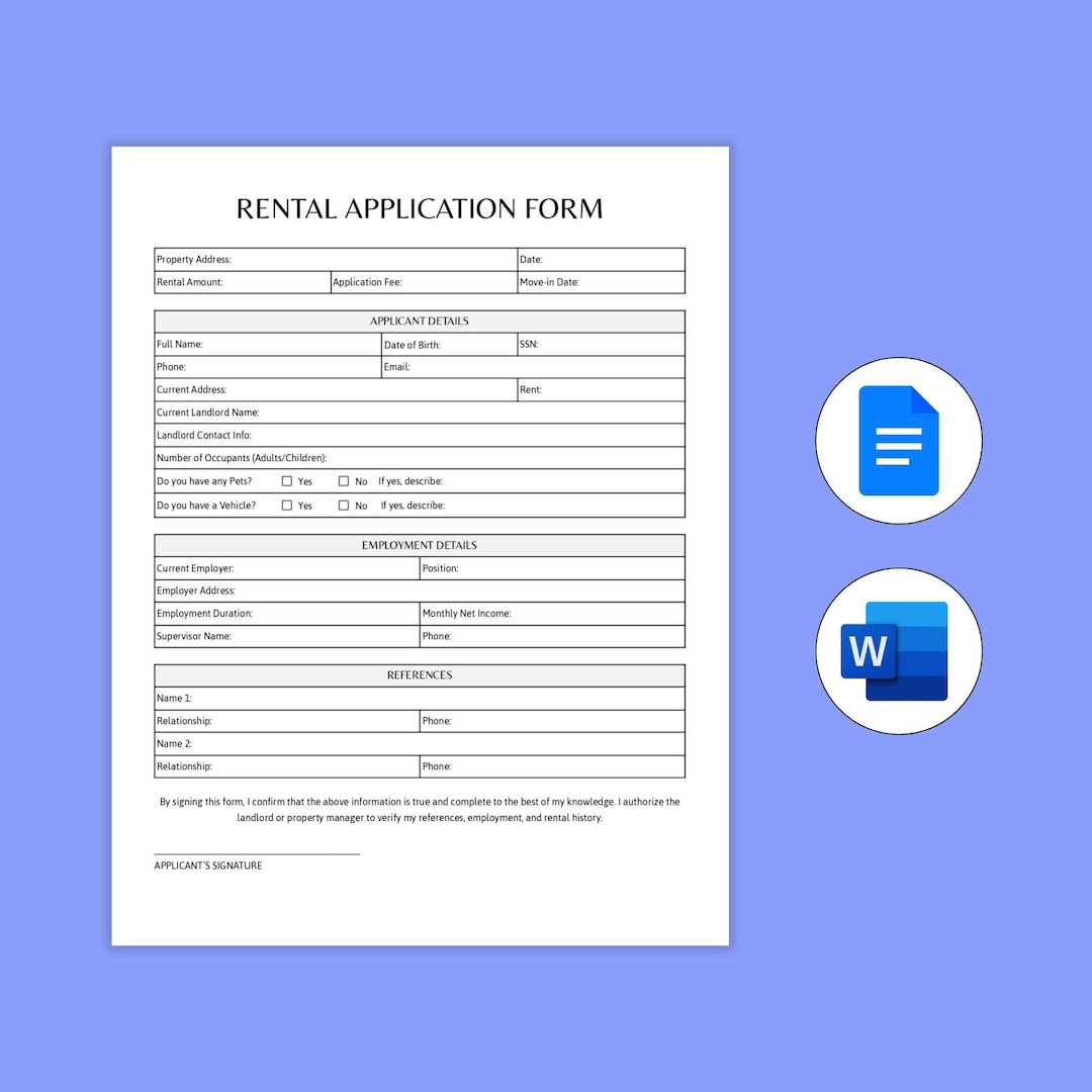 Rental Application Form. Landlord Rental Application. Editable Rental ...