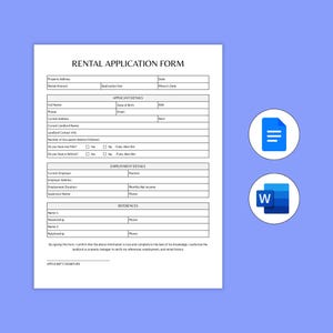 Könnte beinhalten: Ein weißes Mietantragsformular mit schwarzem Text, einschließlich Feldern für die Objektadresse, Bewerberdetails und Beschäftigungsinformationen. Das Formular befindet sich auf hellblauem Hintergrund, mit einem blauen Dokumentsymbol und einem blau-weißen Word-Symbol.