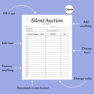 Editable Silent Auction Bid Sheet. Silent Auction Sign up Sheet ...