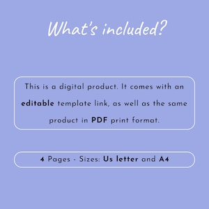 Peut inclure: Un fond violet avec du texte blanc qui dit "What's included?" Il s'agit d'un produit num&eacute;rique. Il est livr&eacute; avec un lien de mod&egrave;le modifiable, ainsi que le m&ecirc;me produit au format PDF imprimable. 4 pages - Tailles&nbsp;: US Letter et A4