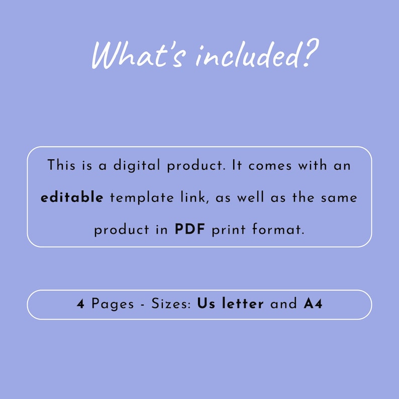 Peut inclure: Un fond violet avec du texte blanc qui dit "What's included?" Il s'agit d'un produit num&eacute;rique. Il est livr&eacute; avec un lien de mod&egrave;le modifiable, ainsi que le m&ecirc;me produit au format PDF imprimable. 4 pages - Tailles&nbsp;: US Letter et A4