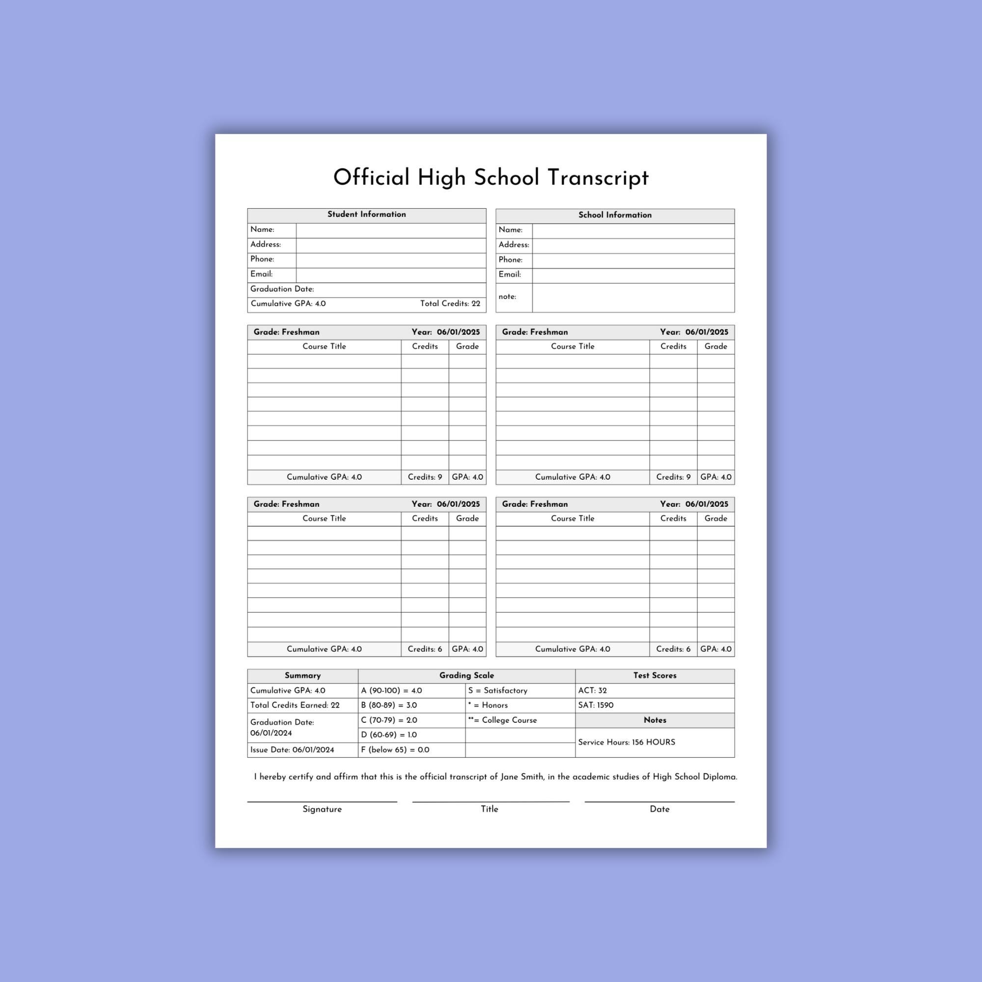 High School Transcript .homeschool Transcript, Editable High School ...