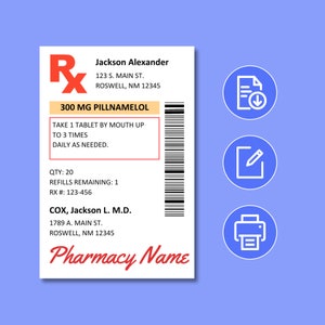 Prescription Label Template, Editable RX Bottle Label Template, Fun Pill Bottle Label, Custom ...