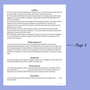 Peut inclure: Un document juridique d&eacute;finissant les termes d'un contrat d'entretien de pelouse. Le document comprend des sections sur la responsabilit&eacute;, l'accord global, la cession, le droit applicable et la r&eacute;siliation. Le document est intitul&eacute; "Page 3".