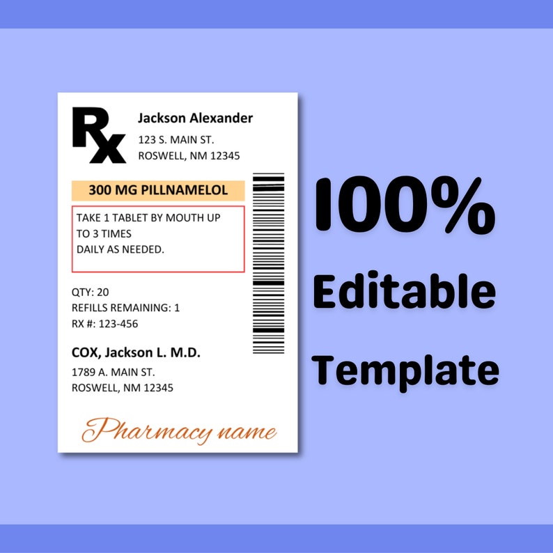 Prescription Label Template, Editable RX Bottle Label, Fun Pill Bottle