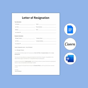 Puede incluir: Una plantilla de carta de renuncia blanca con campos rellenables para información personal y del destinatario. El documento está sobre un fondo azul claro, con iconos de Canva y Microsoft Word.