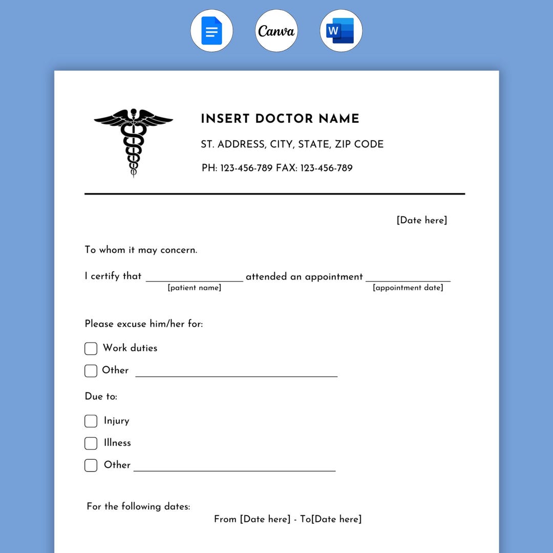 Editable Doctor Excuse Note for Work. Printable Doctors Note Template ...