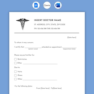 Nota médica editable para el trabajo. Plantilla imprimible. Formulario de carta de excusa médica. Nota de excusa escolar. Nota médica en PDF y Word.