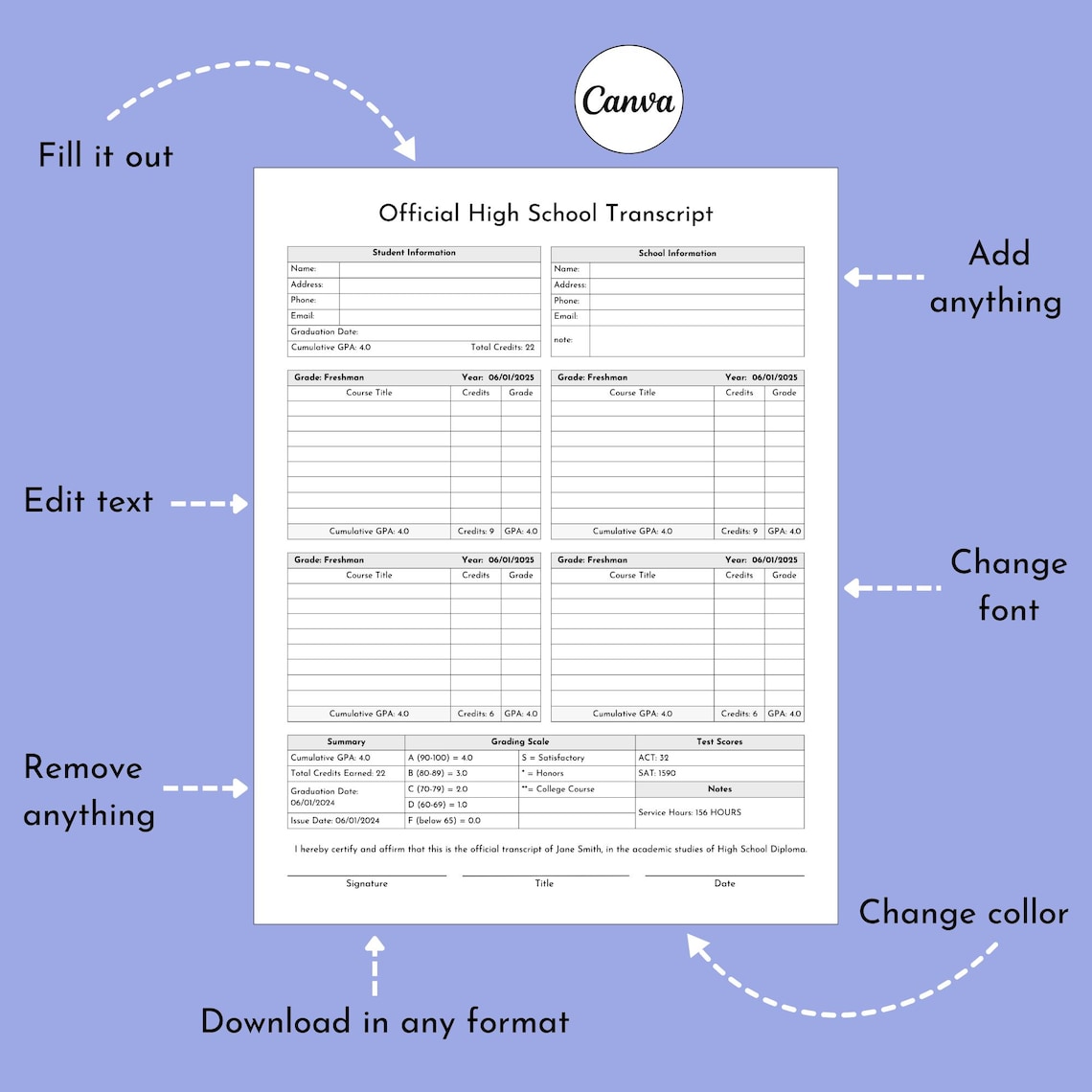 High School Transcript .homeschool Transcript, Editable High School ...