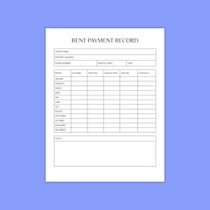 Könnte beinhalten: Ein weißes "Rent Payment Record" Formular vor blauem Hintergrund. Das Formular enthält Felder für Mieterinformationen, monatliche Mietdetails und eine Tabelle zur Erfassung monatlicher Zahlungen. Der Titel "RENT PAYMENT RECORD" steht oben.