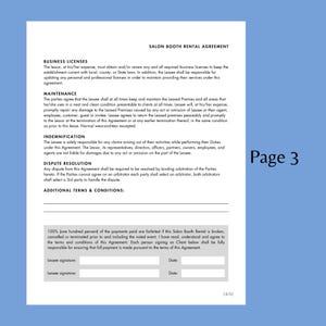 May include: A printed document titled "Salon Booth Rental Agreement" with text detailing business licenses, maintenance, indemnification, and dispute resolution. The document is labelled "Page 3" and includes signature lines.