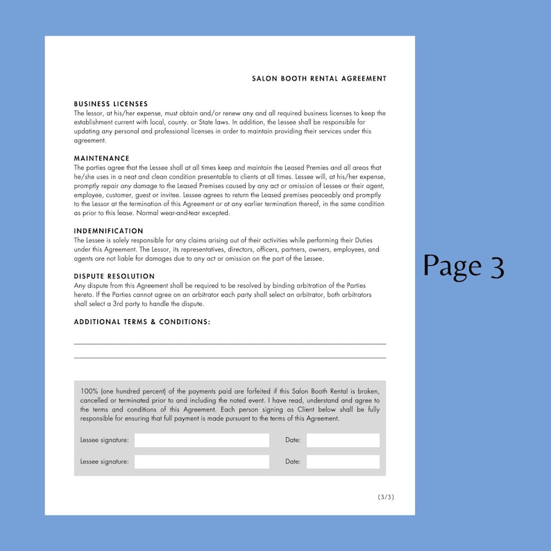 May include: A printed document titled "Salon Booth Rental Agreement" with text detailing business licenses, maintenance, indemnification, and dispute resolution. The document is labelled "Page 3" and includes signature lines.