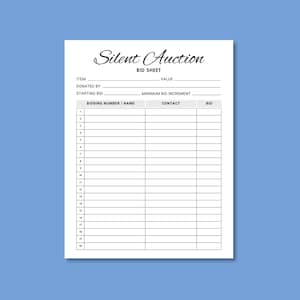 May include: A black and white silent auction bid sheet with columns for item, donated by, starting bid, minimum bid increment, bidding number/name, contact, and bid. The sheet has 20 rows for bidding.