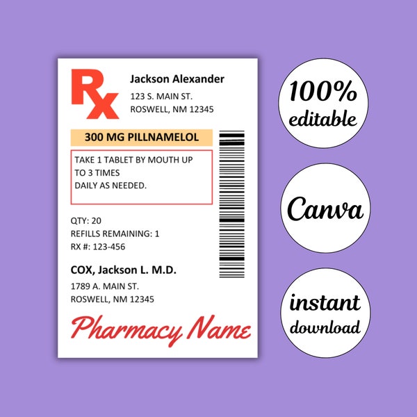 Prescription Label Template, Editable RX Bottle Label Template, Fun Pill Bottle Label, Custom Prescription Bottle Label, Medicine Label