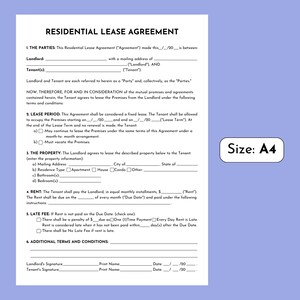 May include: A blank residential lease agreement form with fields for landlord and tenant information, lease period, property details, rent, late fees, and additional terms and conditions. The form is designed for use in the United States.