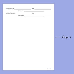 Peut inclure: Une page blanche avec le texte "Signature du client :", "Date :", "Nom imprim&eacute; :", "Signature du contractant :", "Date :", "Nom imprim&eacute; :", et "Page 4" en bas.
