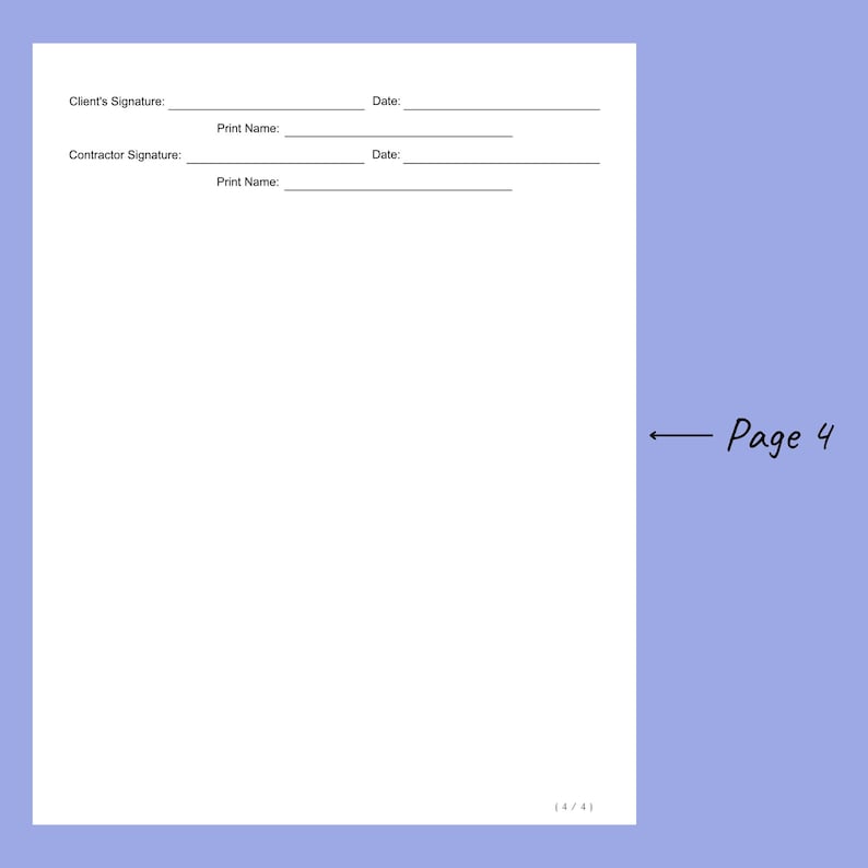 Peut inclure: Une page blanche avec le texte "Signature du client :", "Date :", "Nom imprim&eacute; :", "Signature du contractant :", "Date :", "Nom imprim&eacute; :", et "Page 4" en bas.