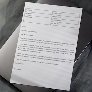 May include: A printed letter of resignation on white paper. The letter includes fields for the sender's and manager's information, along with a space for the date. The text expresses gratitude and offers assistance during the transition.