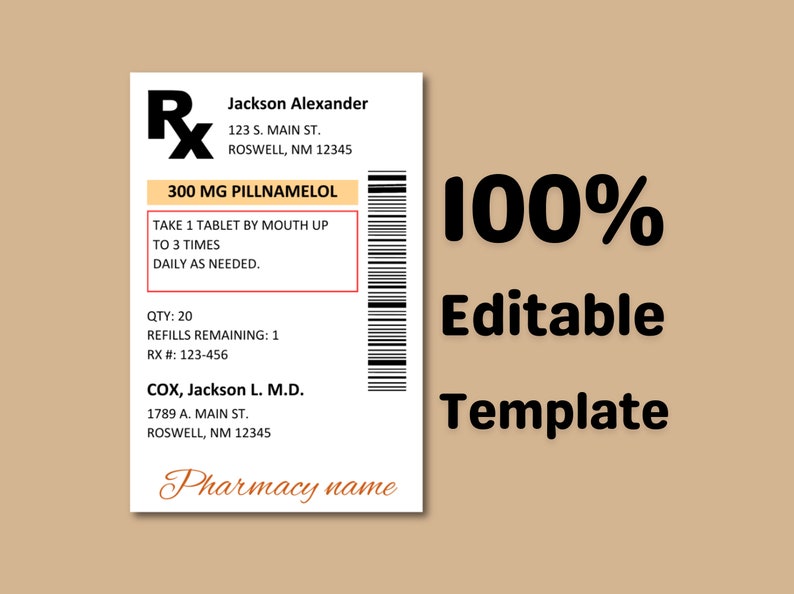 Prescription Label Template, Editable RX Bottle Label, Fun Pill Bottle
