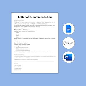 Può includere: Un modello di lettera di raccomandazione con il titolo "Letter of Recommendation" in grassetto nero. Il documento include sezioni per il destinatario, la posizione lavorativa, le competenze e l'etica del lavoro. Le icone di Canva e Word si trovano nell'angolo in alto a destra.