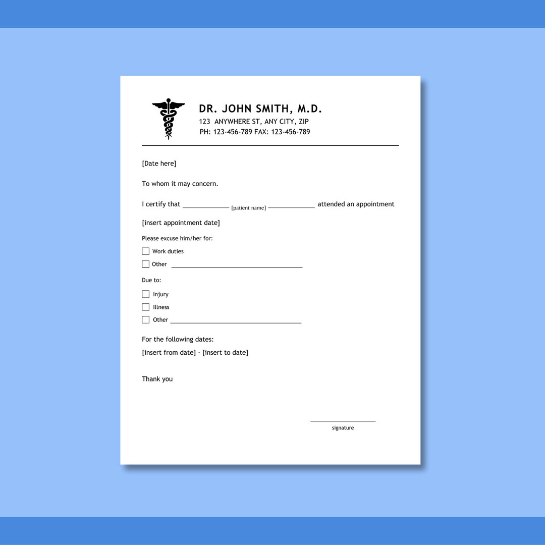 Fillable Doctors Note, Fillable Doctors Note for Work, Doctor Excuse