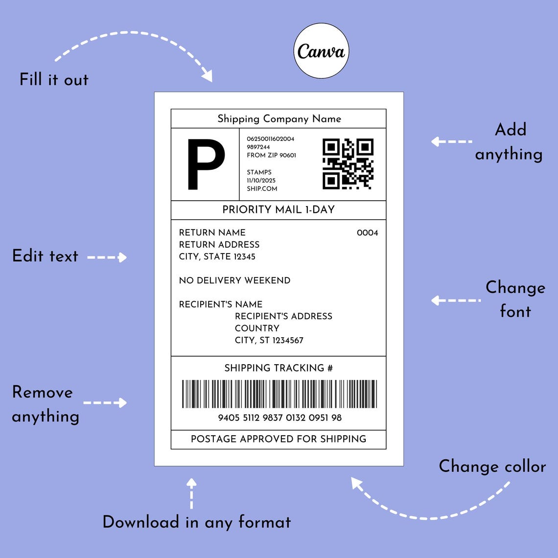 Editable Shipping Label Template, Editable Personalized Mail Label