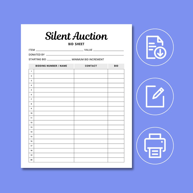 Editable Silent Auction Bid Sheet. Silent Auction Sign up Sheet, 2026 ...
