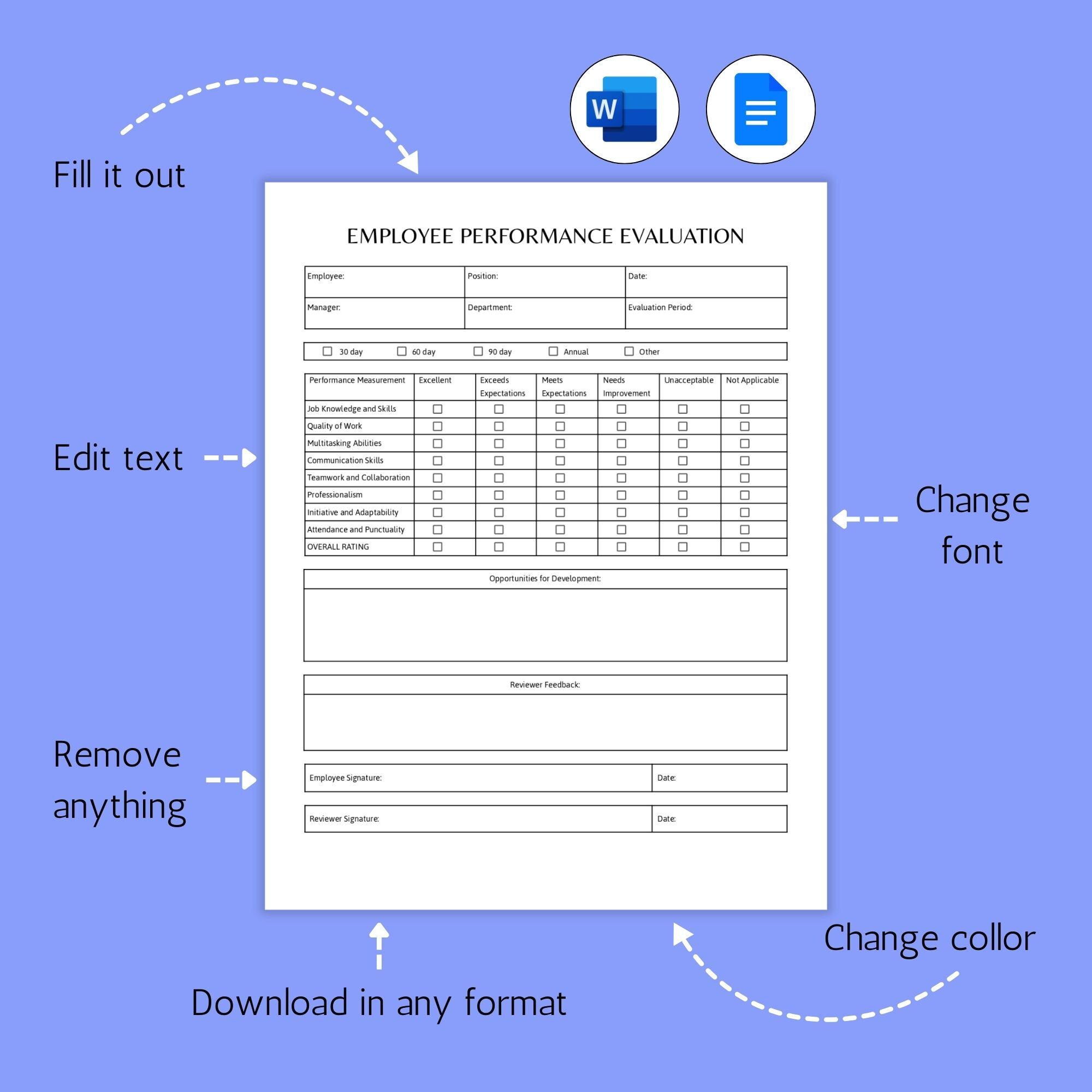 Editable Employee Performance Evaluation Template (ms Word and Google ...