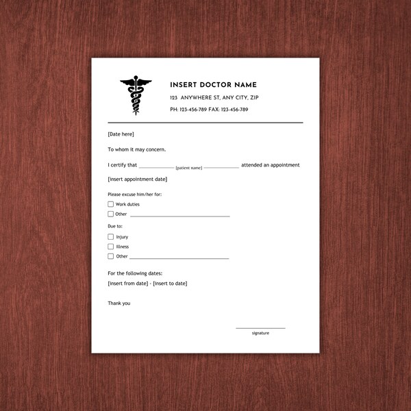 Doctor Excuse Template, Doctor Excuse for Work, Doctor Excuse Letter, Doctor Note For Work, Doctor Notes