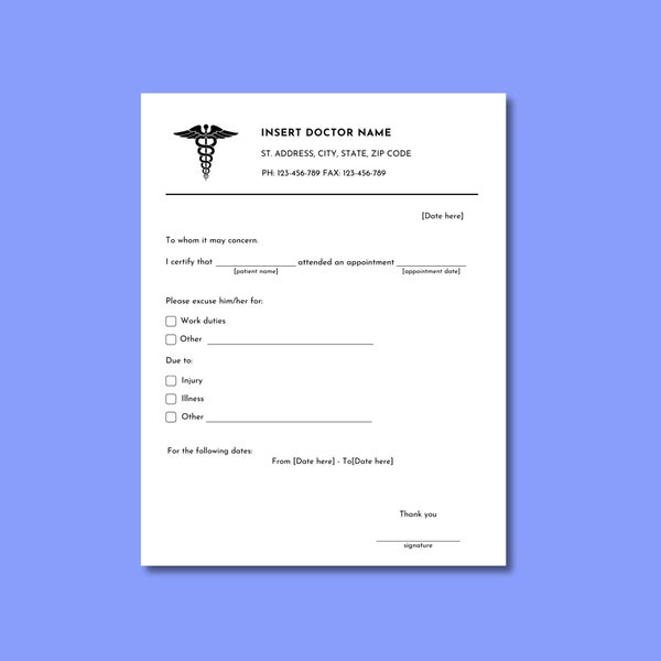 Editable Doctor Excuse Note for Work. Printable Doctors Note Template. Doctor Excuse Letter Form. School Excuse Note. Drs Note PDF & Word.