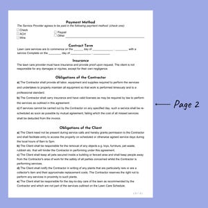 Peut inclure: Un document juridique d&eacute;finissant les termes et conditions des services d'entretien de pelouse. Le document comprend des sections sur les m&eacute;thodes de paiement, les conditions du contrat, l'assurance, les obligations du contractant et les obligations du client. Le document est intitul&eacute; "Page 2" d'un document de plusieurs pages.