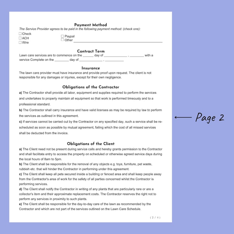 Peut inclure: Un document juridique d&eacute;finissant les termes et conditions des services d'entretien de pelouse. Le document comprend des sections sur les m&eacute;thodes de paiement, les conditions du contrat, l'assurance, les obligations du contractant et les obligations du client. Le document est intitul&eacute; "Page 2" d'un document de plusieurs pages.