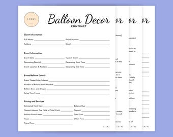 May include: A white four-page balloon decor contract template with black text. The document includes sections for client information, event details, balloon specifications, and pricing. A circular logo placeholder is at the top left corner.