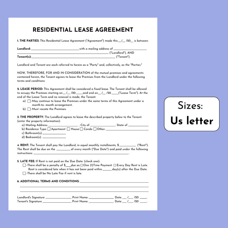 Editable Residential Lease Agreement Template. Printable Rental Agreement. Landlord Form, Residential Lease Contract. Rental Lease Agreement