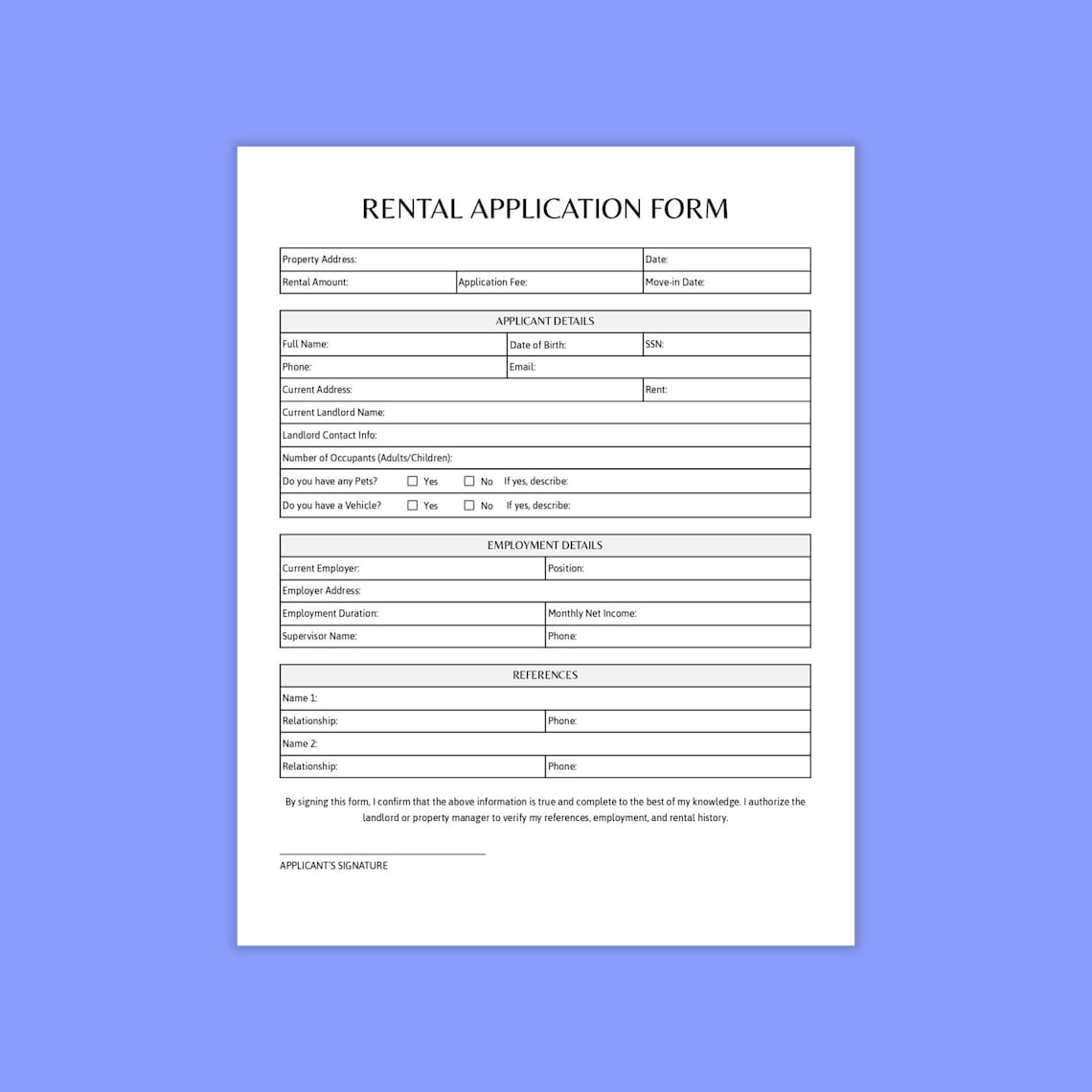 Rental Application Form. Landlord Rental Application. Editable Rental ...