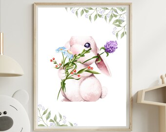 Baby Bunny Nursery Print, Floral Bunny Art