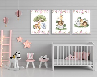 Set of 3 Cute Jungle Baby Animal & Floral Prints for Nursery Decor, Animal Art for Baby's Room, nursery wall art, Nursery decor, wall prints