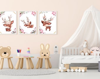 Set of 3 Cute Baby Deer Prints for Nursery Decor - Woodland Animal Art for Baby's Room, nursery wall art, Nursery decor, Playful prints