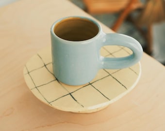Chunky Blue Ceramic Mug | Handmade Squiggly Handle Coffee Cup