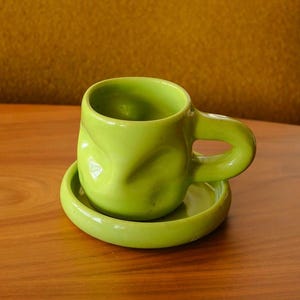 green ceramic mug and saucer | 10 oz thumb mug, matcha lover gift