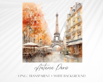 Autumn Paris Watercolor Clipart | Autumn Scenes Clipart | Fall Watercolor PNG | Commercial Use Digital Download
