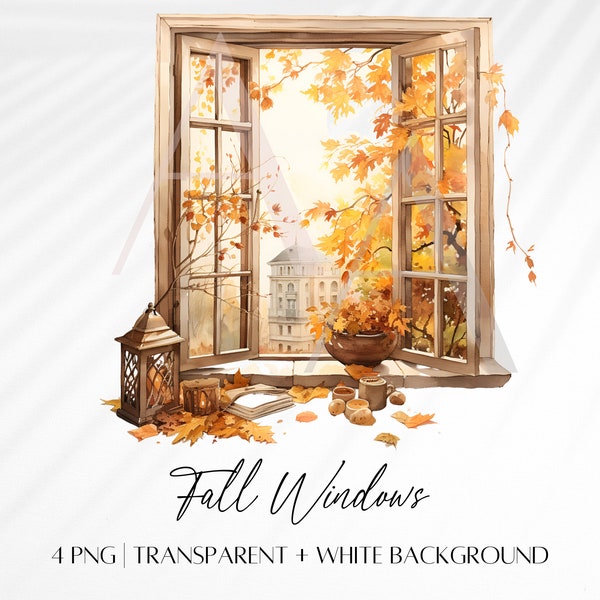 Fall Windows Watercolor Clipart | Autumn Scenes Clipart | Fall Watercolor PNG | Commercial Use Digital Download